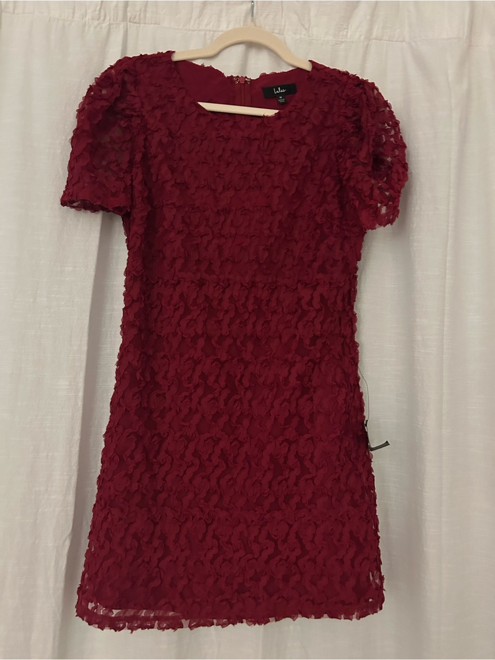 Lulu's Wine-Red Textured Flower Short Sleeve Mini Dress